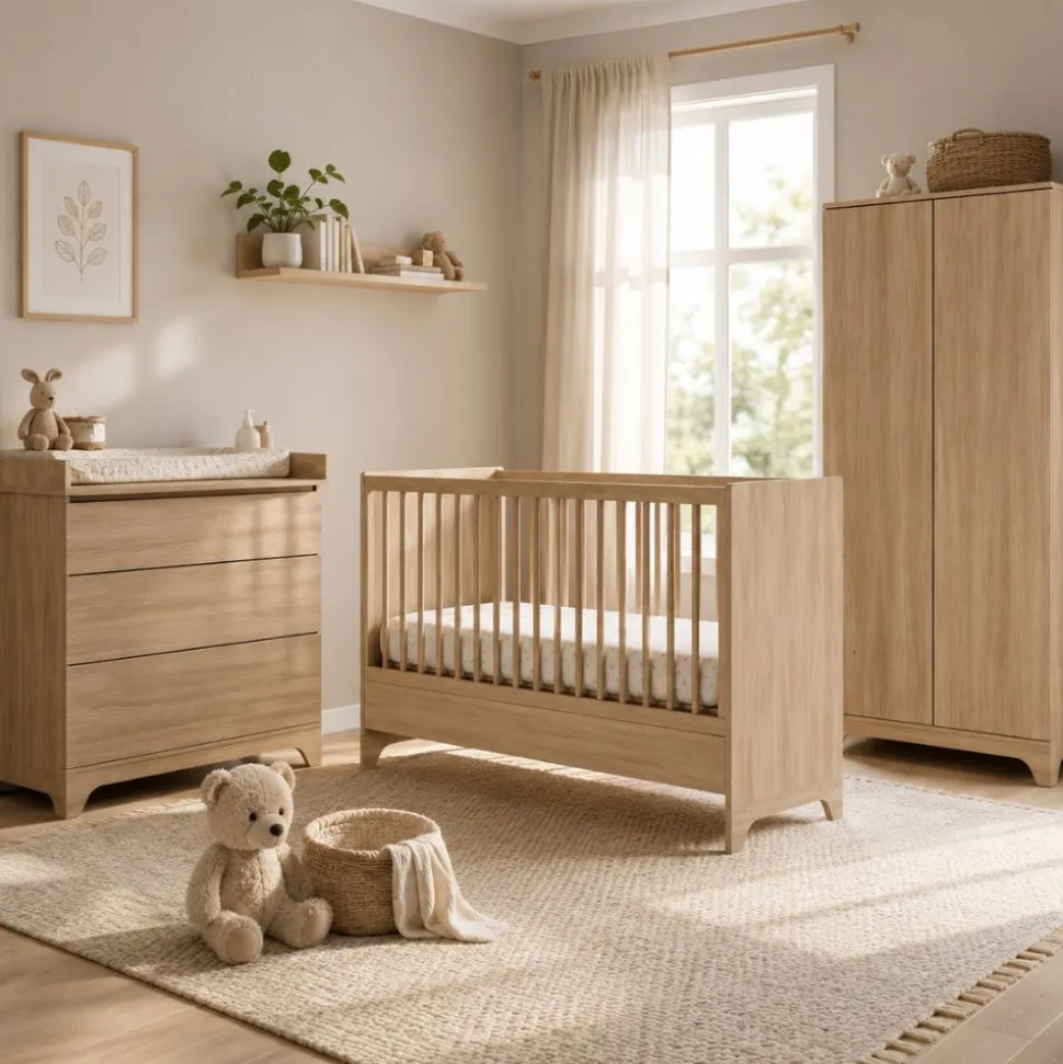 Chambre bébé trio tsugi lit 60 x 120 cm + armoire + commode avec plan à langer honey ash