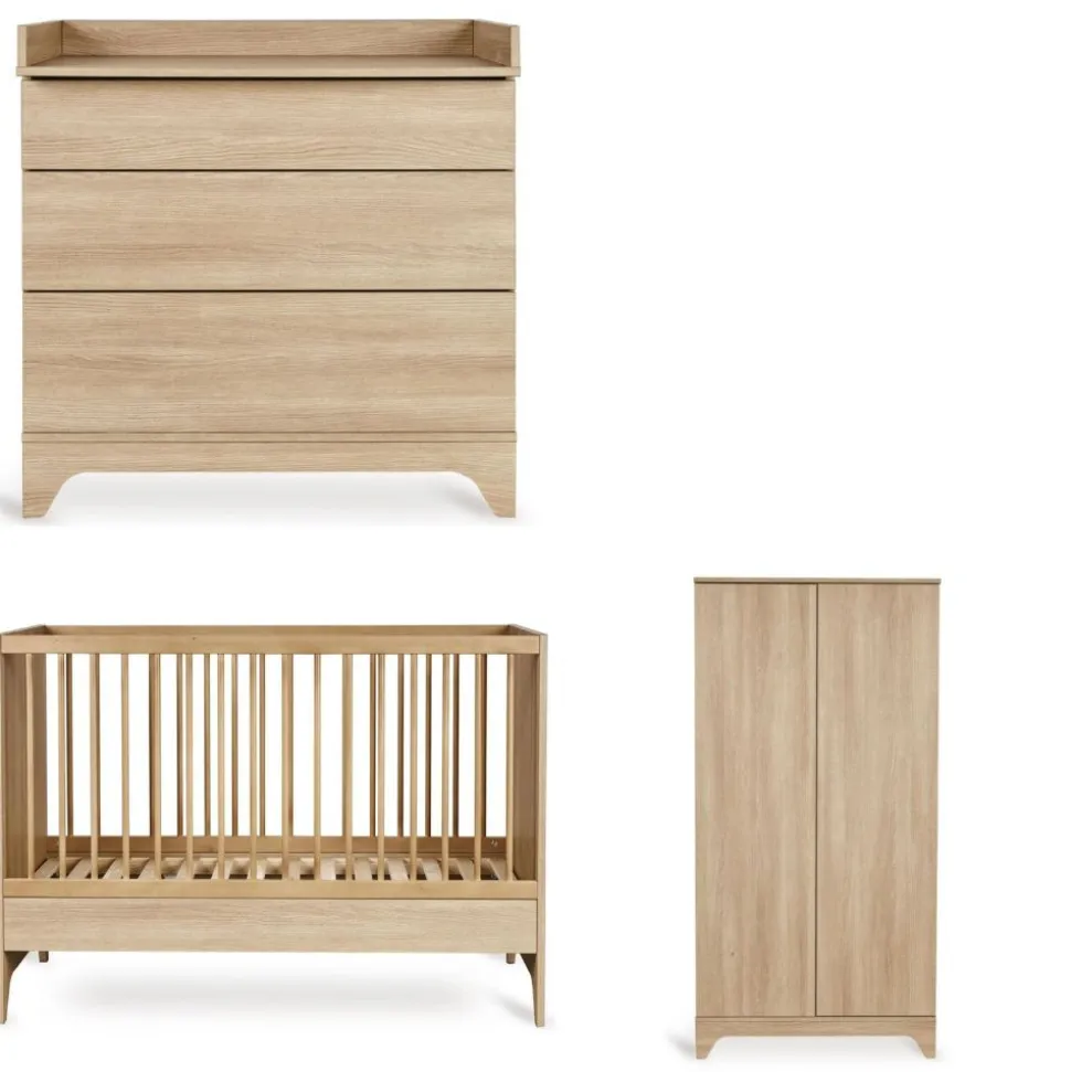 Chambre bébé trio tsugi lit 60 x 120 cm + armoire + commode avec plan à langer honey ash