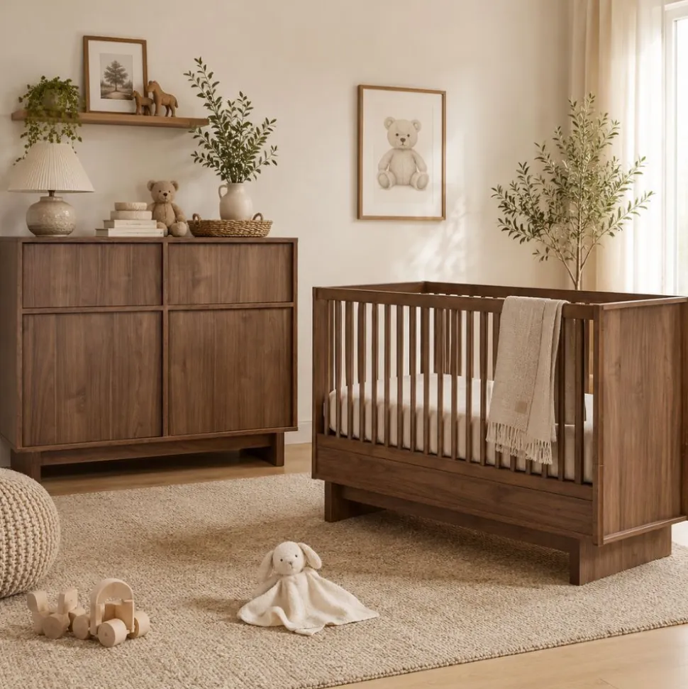 Chambre duo kyo lit bébé évolutif 70 x 140 cm + commode avec plan à langer - walnut
