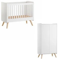 Chambre duo lit bébé 60 x 120 cm + armoire 2 portes vintage blanc