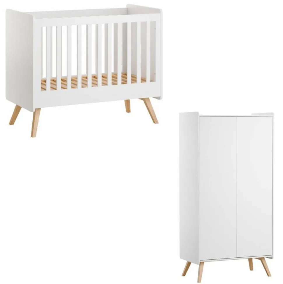 Chambre duo lit bébé 60 x 120 cm + armoire 2 portes vintage blanc