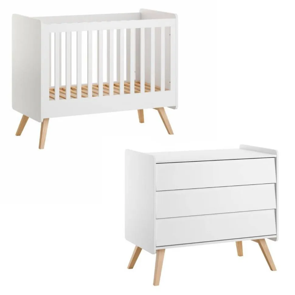 Chambre duo lit bébé 60 x 120 cm + commode vintage blanc