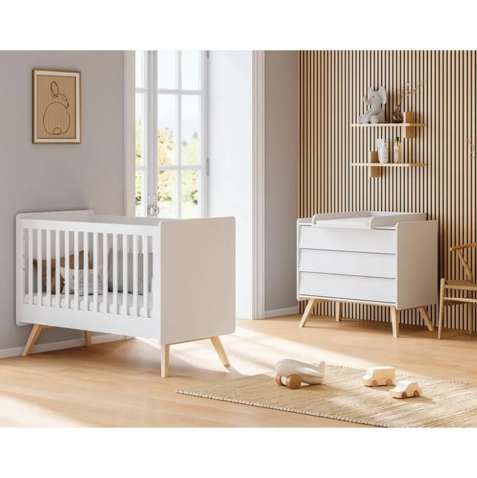 Chambre duo lit bébé 60 x 120 cm + commode vintage blanc
