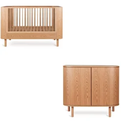 Chambre duo lit bébé 70x140 cm évolutif en canapé yume natural ash + commode 2 portes yume naturel ash wood avec plan à langer