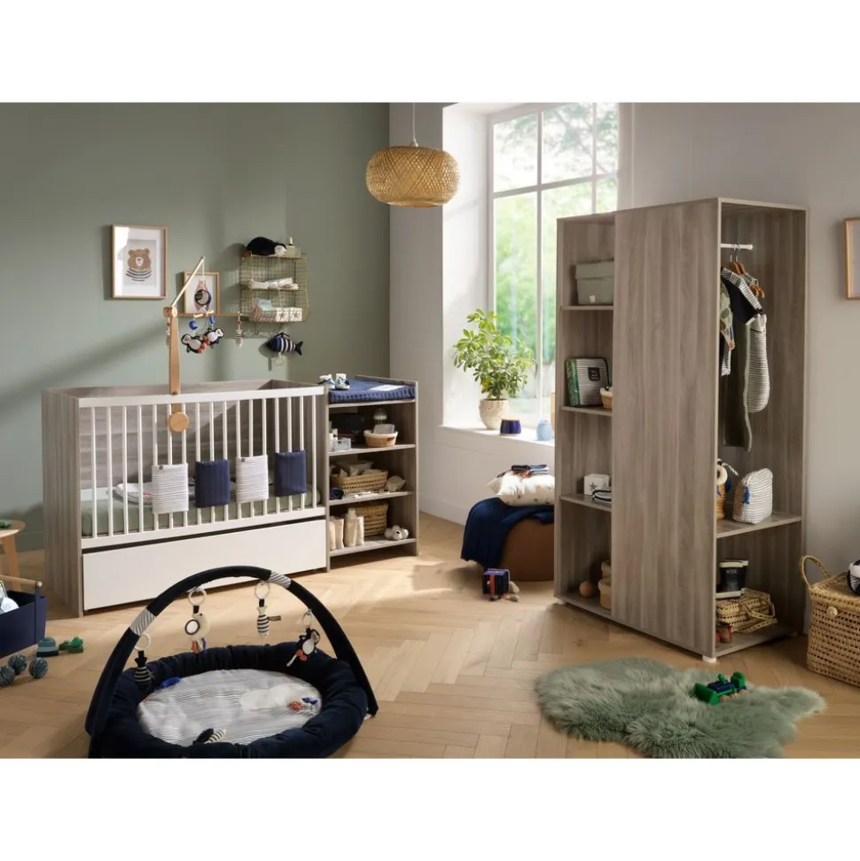 Chambre duo lit combiné évolutif et armoire chêne silex