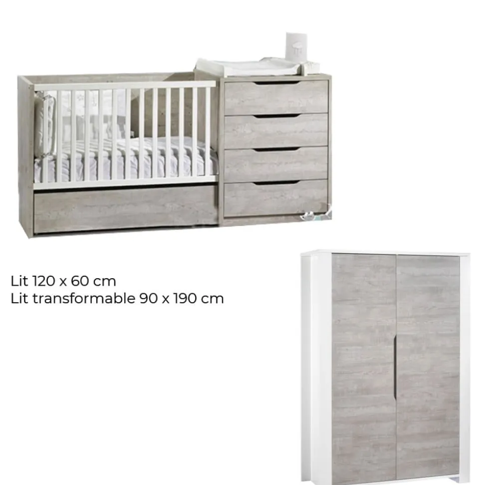 Chambre duo lit combiné évolutif + armoire loft bois