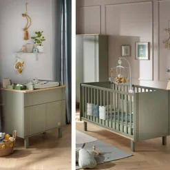 Chambre duo lit évolutif bébé 70x140 cm + commode 1 tiroir 2 portes eleonore kaki