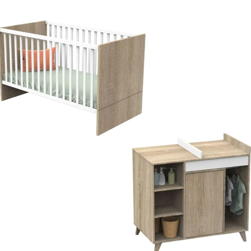 Chambre duo lit 70x140 + commode nova blanc lin