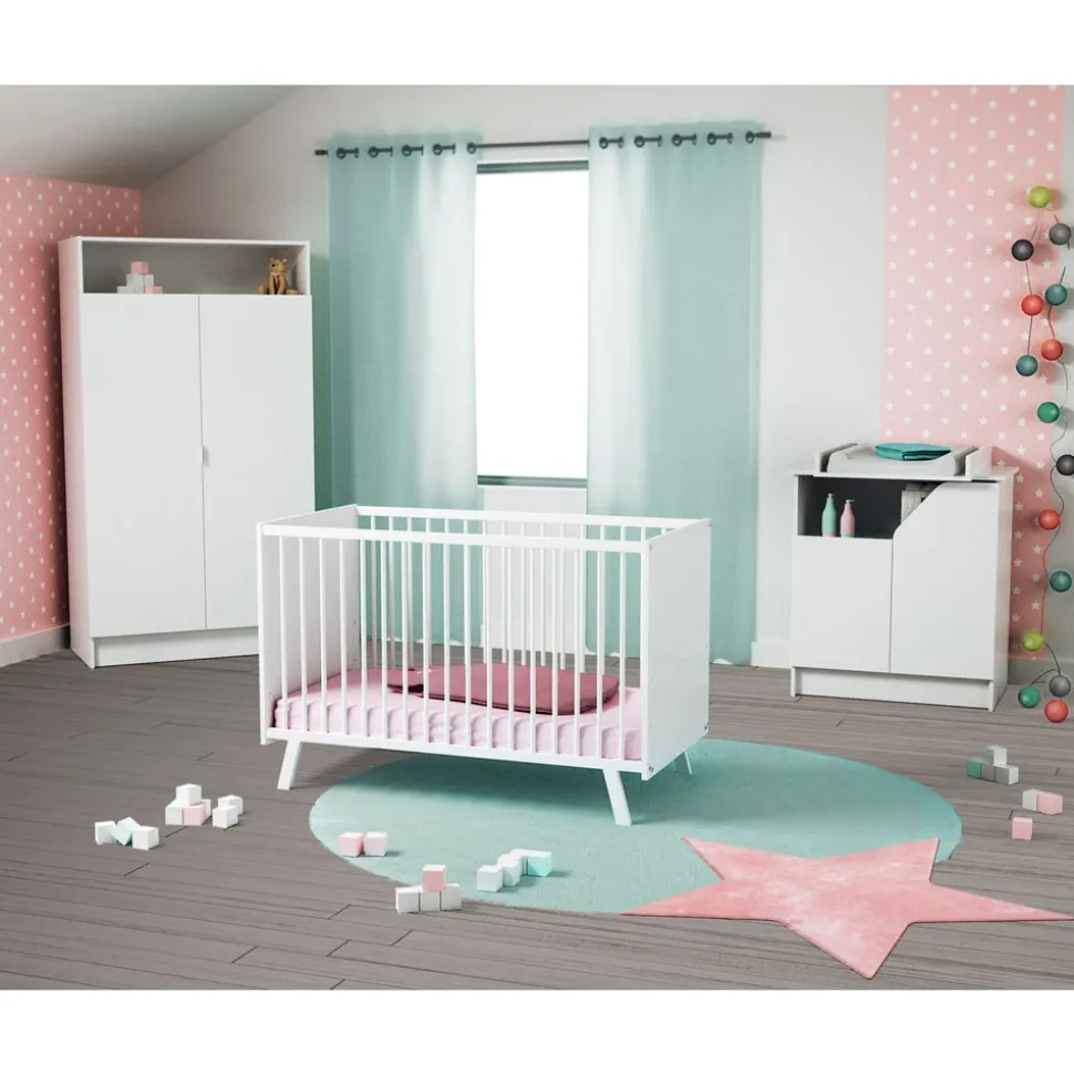 Chambre trio carnaval lit + armoire + meuble à langer blanc