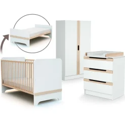 Chambre trio carrousel lit évolutif 70x140 cm + commode à langer + armoire blanc et hêtre