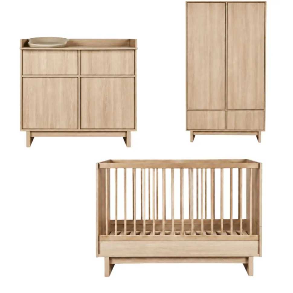 Chambre trio kyo lit bébé évolutif 70 x 120 cm + armoire + commode avec plan à langer - honey ash