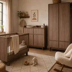 Chambre trio kyo lit bébé évolutif 70 x 140 cm + armoire + commode avec plan à langer - walnut