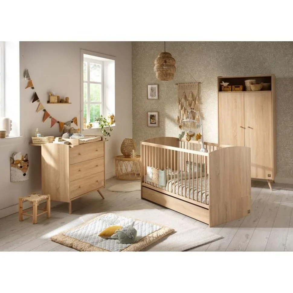 Chambre trio lit bébé 70x140 + armoire + commode access bois