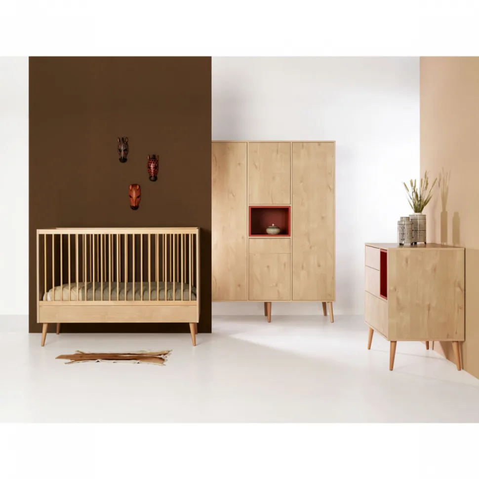 Chambre trio lit bébé 60x120 cm + armoire xl + commode avec plan à langer cocoon natural oak