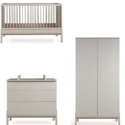 Chambre trio lit bébé 70x140 cm ashi argile+commode 3 tiroirs avec plan à langer+armoire 2 portes
