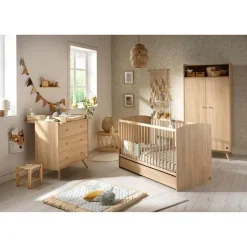 Chambre trio lit bébé 60x120 cm + commode 3 tiroirs + armoire access bois