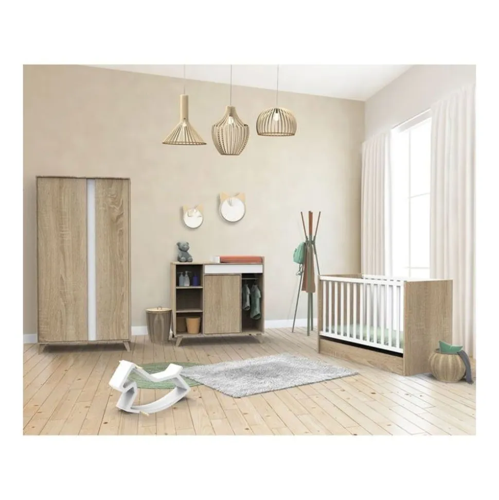 Chambre trio lit combiné évolutif 70x140en140x190 + commode + armoire nova blanc lin