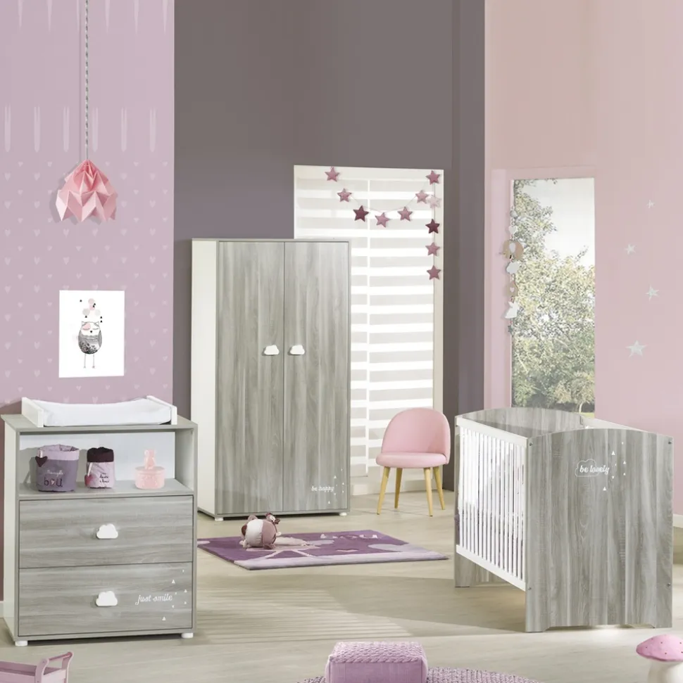 Chambre trio lit + commode + armoire smile chêne silex
