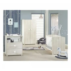 Chambre trio lit little big bed + commode + armoire smile hêtre cendré