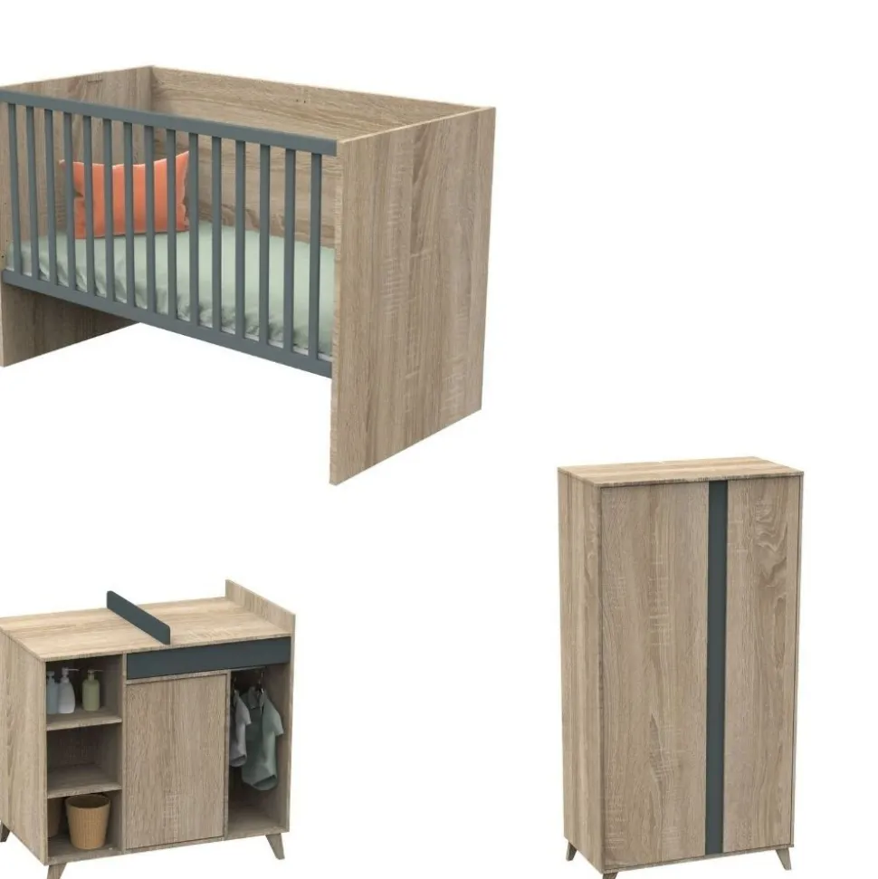 Chambre trio lit évolutif bébé combiné 70x140 cm en 140x200 cm + armoire + commode nova gris volcan
