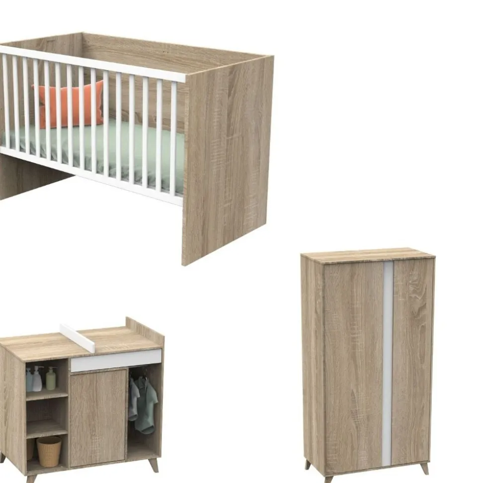 Chambre trio lit évolutif bébé combiné 70x140 cm en 140x200 cm + armoire + commode nova blanc lin