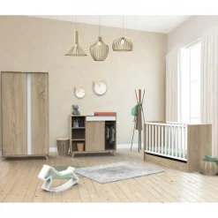 Chambre trio lit évolutif bébé combiné 70x140 cm en 140x200 cm + armoire + commode nova blanc lin