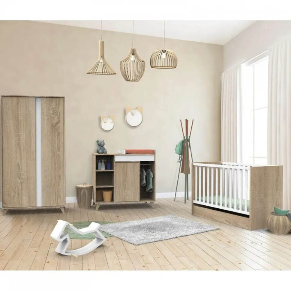 Chambre trio lit évolutif bébé combiné 70x140 cm en 140x200 cm + armoire + commode nova blanc lin