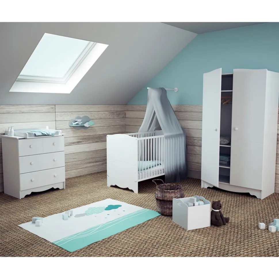 Chambre trio marelle lit 60x120 cm + commode à langer + armoire blanc