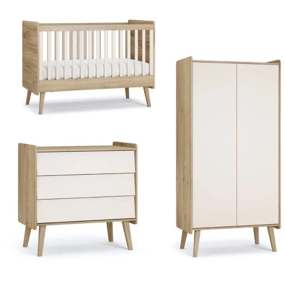 Chambre trio vintage fresh beige lit 70x140 cm + commode + armoire 2 portes