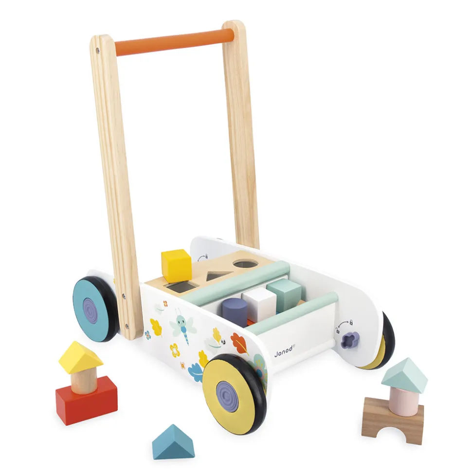 Chariot de marche enfant avec cubes en bois à encastrer pure