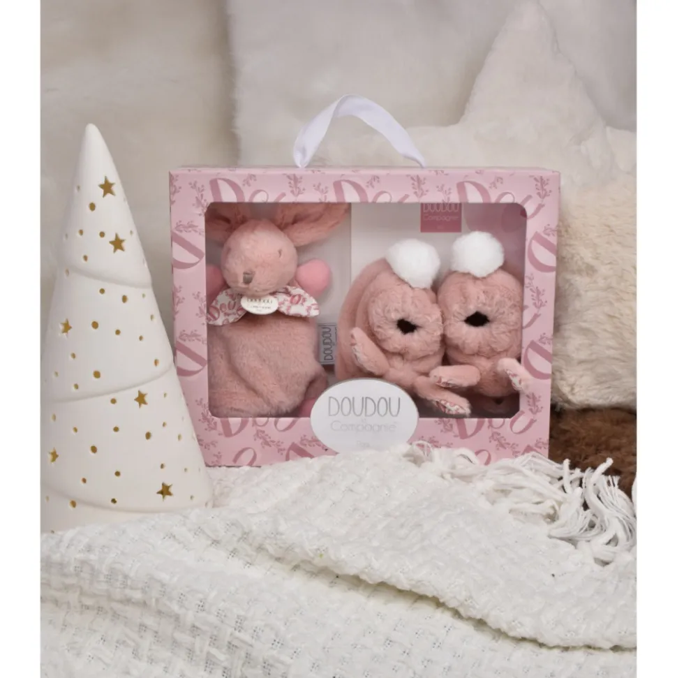 Coffret doudou lapin et chaussons rose