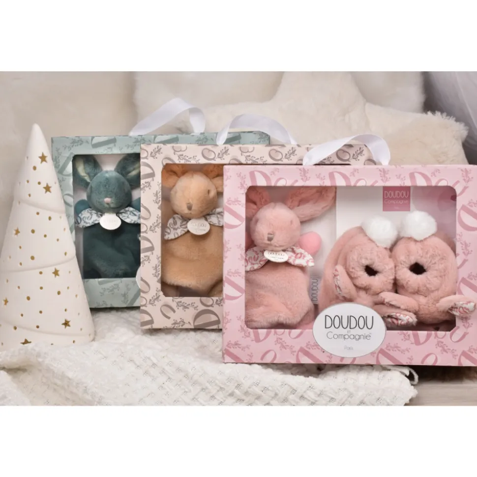 Coffret doudou lapin et chaussons vert sauge