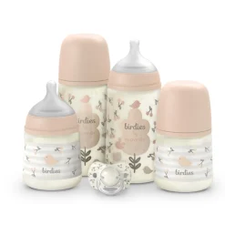 Coffret nouveau-né bébé birdies avec biberons et sucette sx pro rose