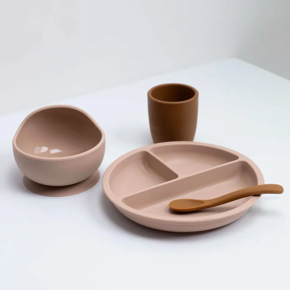 Coffret repas bébé 4 pièces silicone sable et caramel