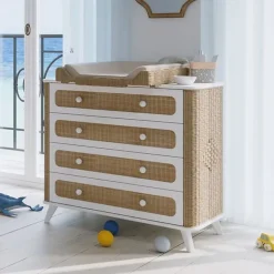 Commode à langer coquillage cannage de rotin neige