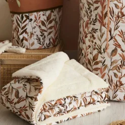 Couverture luxe microfibre caramel forest - feuillages / ivoire