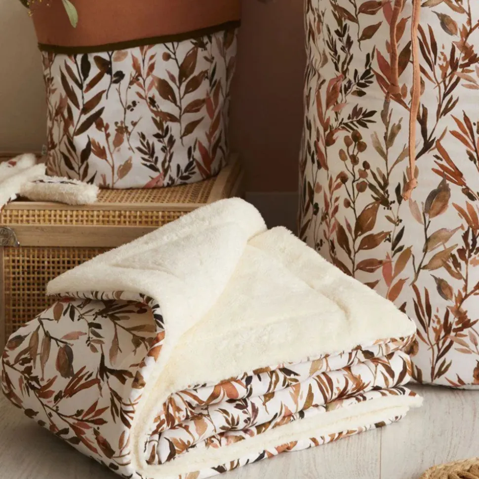 Couverture luxe microfibre caramel forest - feuillages / ivoire