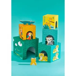 5 cubes à empiler pyramide tropik avec figurines en bois