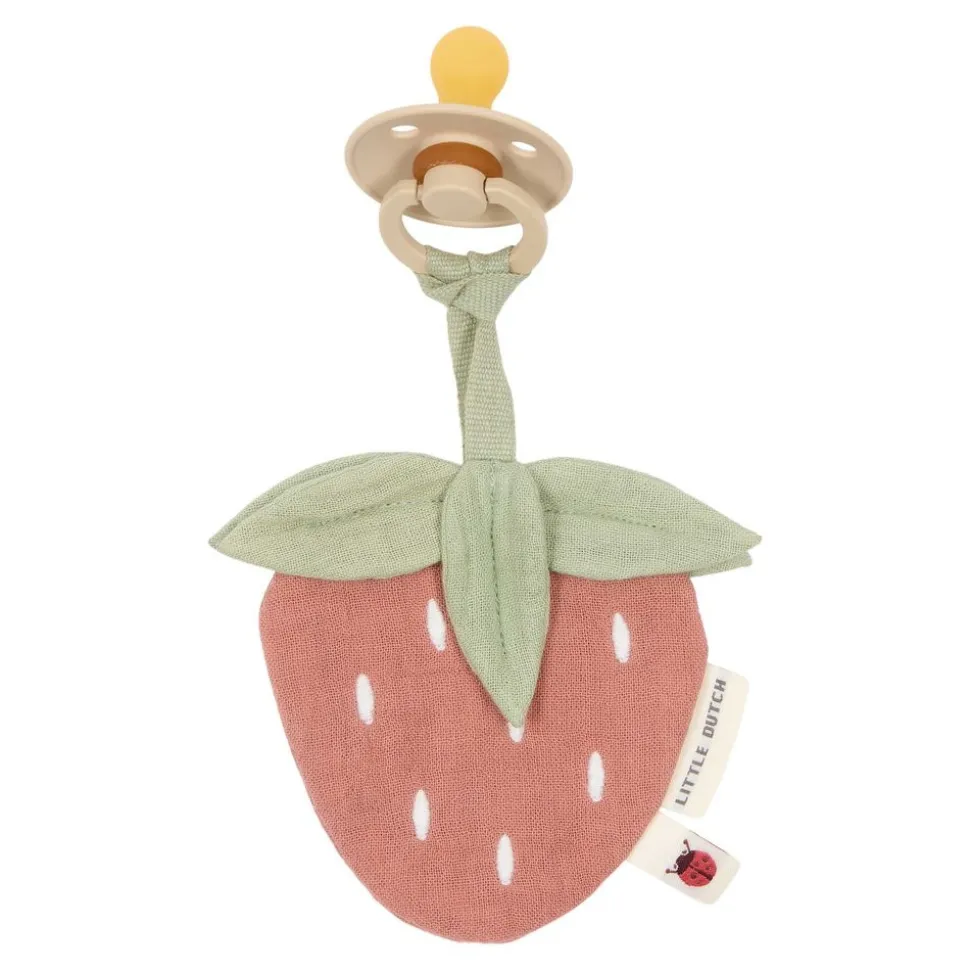 Doudou attache-tétine en gaze de coton - fraise