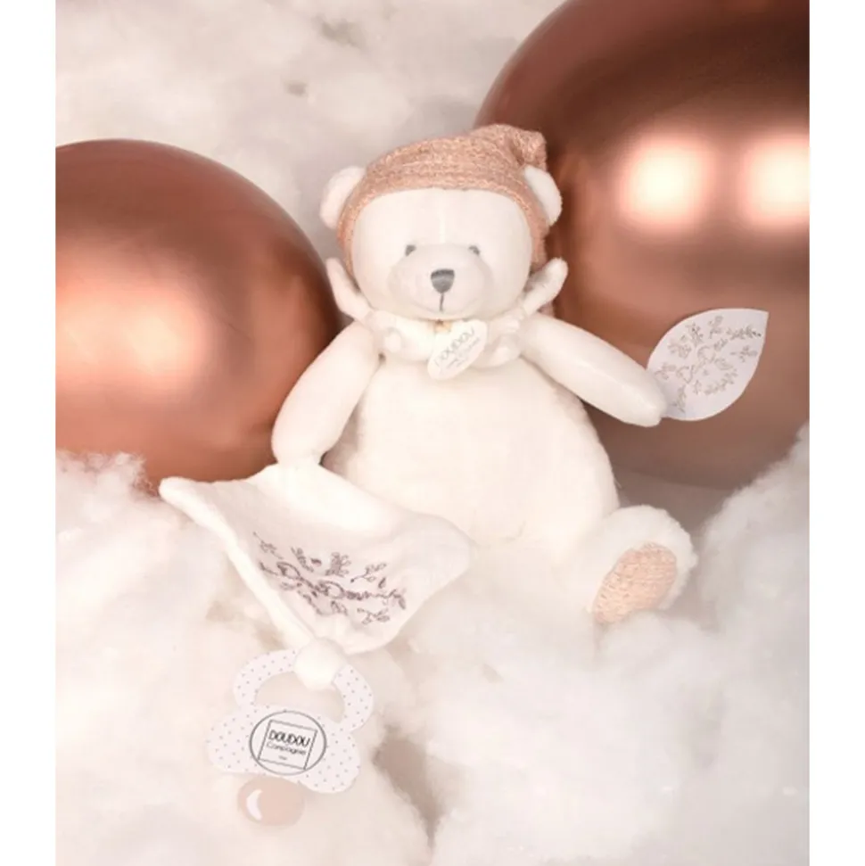 Doudou pantin attache sucette ours 20 cm rose