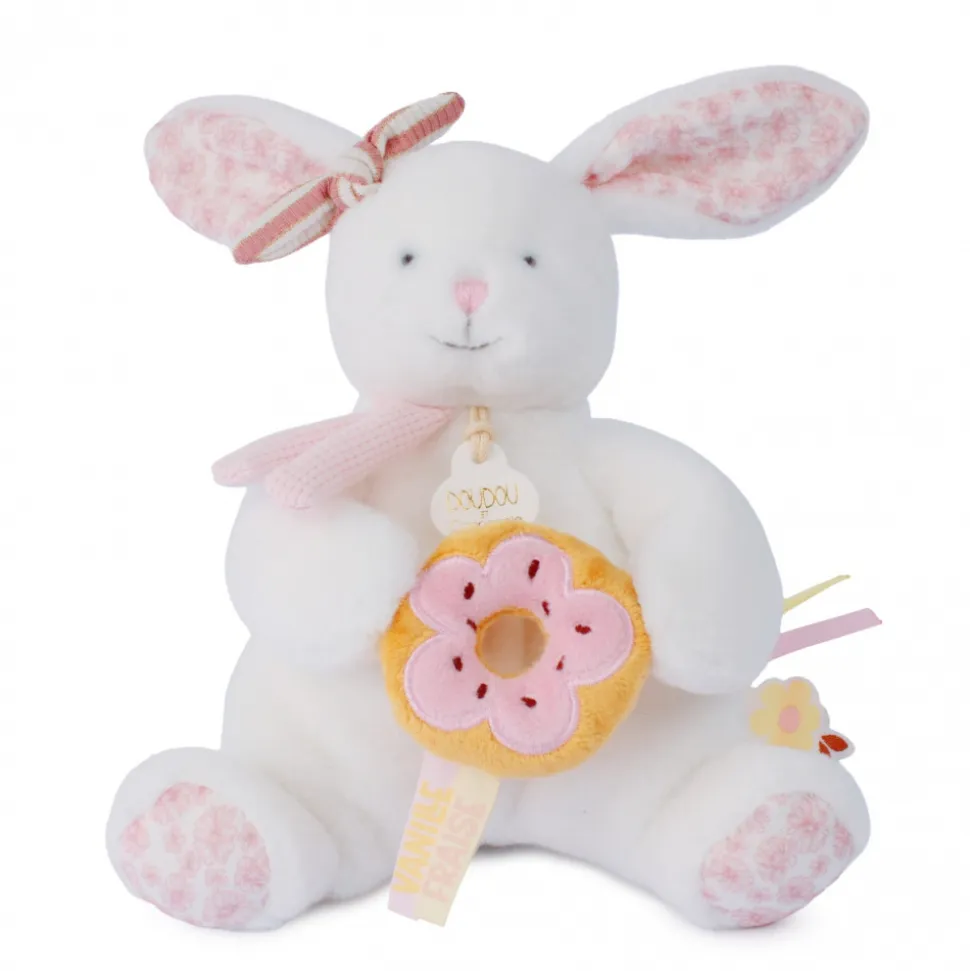 Doudou pantin lapin avec donut 20 cm vanille fraise