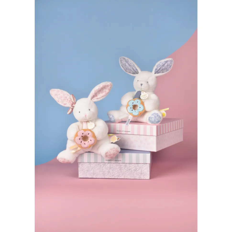 Doudou pantin lapin avec donut 20 cm vanille fraise