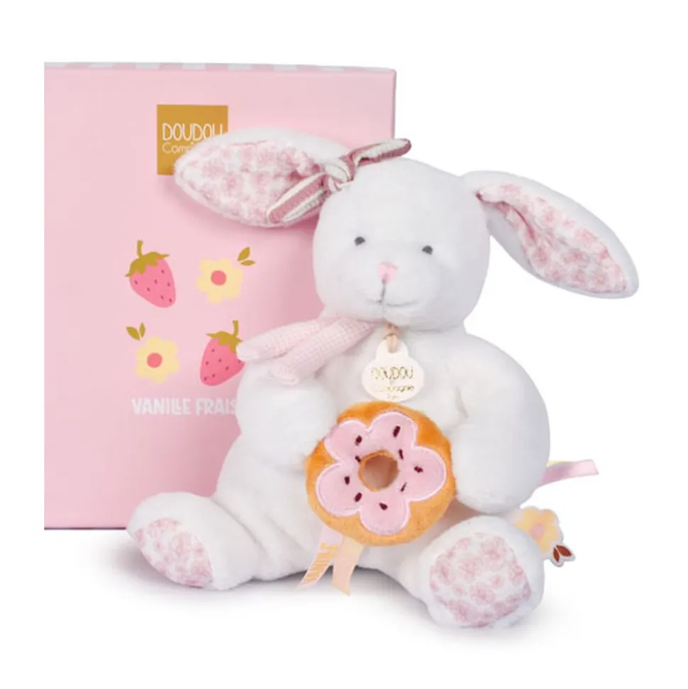Doudou pantin lapin avec donut 20 cm vanille fraise