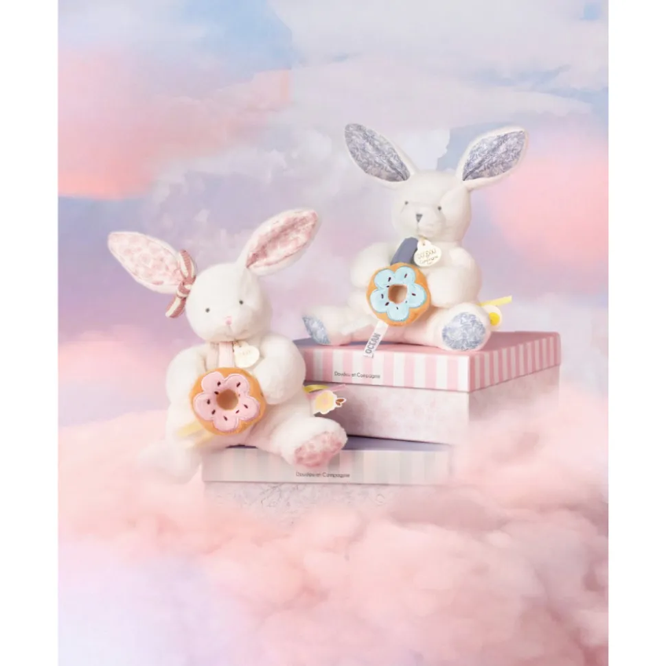 Doudou pantin lapin avec donut 20 cm vanille fraise