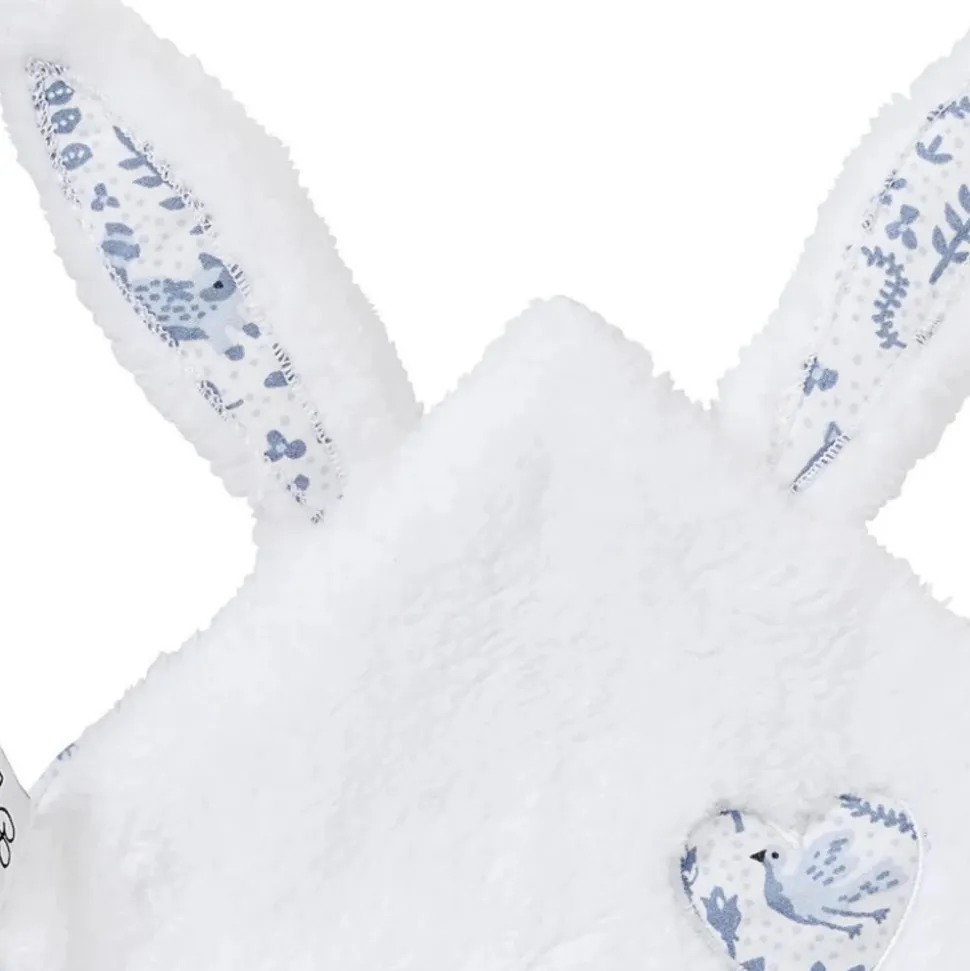 Doudou plat lapin petit cœur microfibre blanc / imprimé forêt
