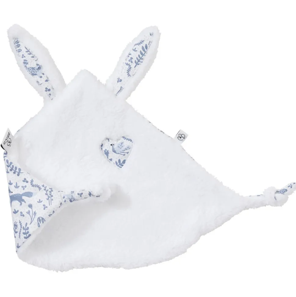 Doudou plat lapin petit cœur microfibre blanc / imprimé forêt