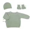 Ensemble naissance bébé brassière, bonnet et chaussons - vert olive