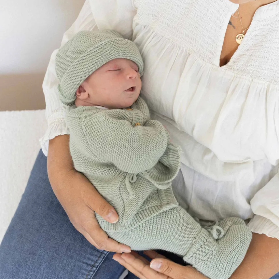 Ensemble naissance bébé brassière, bonnet et chaussons - vert olive