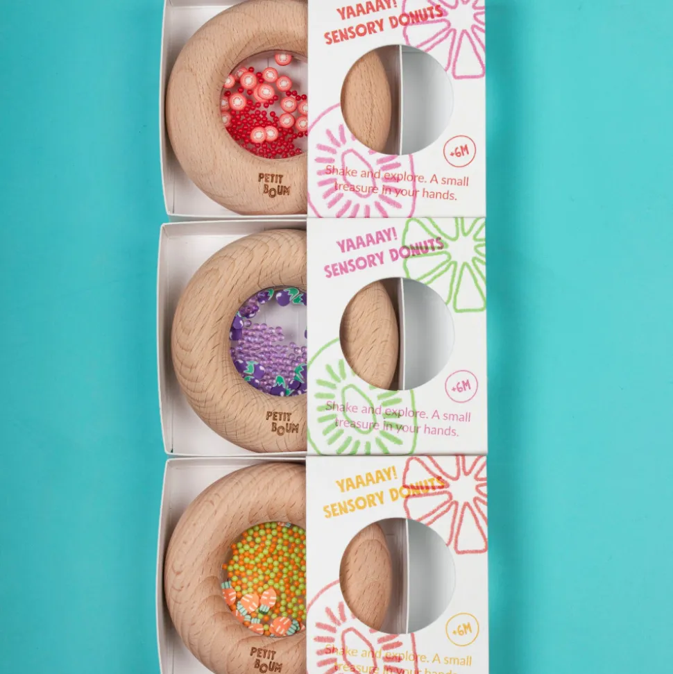 Hochet sensoriel bébé donut en bois aubergines