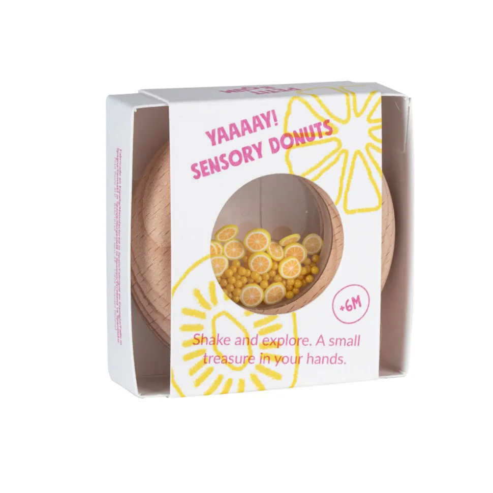 Hochet sensoriel bébé donut en bois citrons